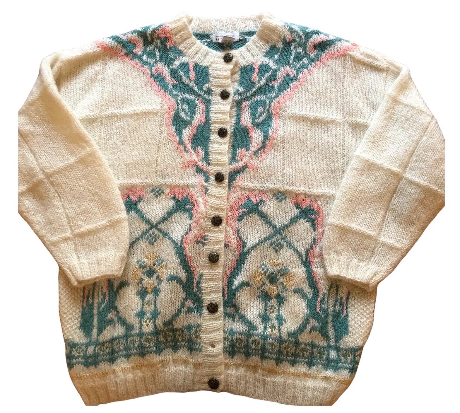 Vintage Mohair Internationale Express Woman Ivory Pink Floral Trellis Sweater L