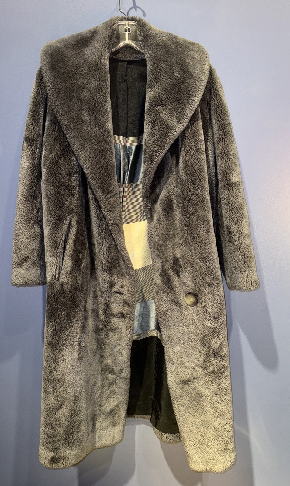 M/L Vintage Long Fur Teddy Bear Rock Star Coat, Gray, Borgana, Lined Pockets USA