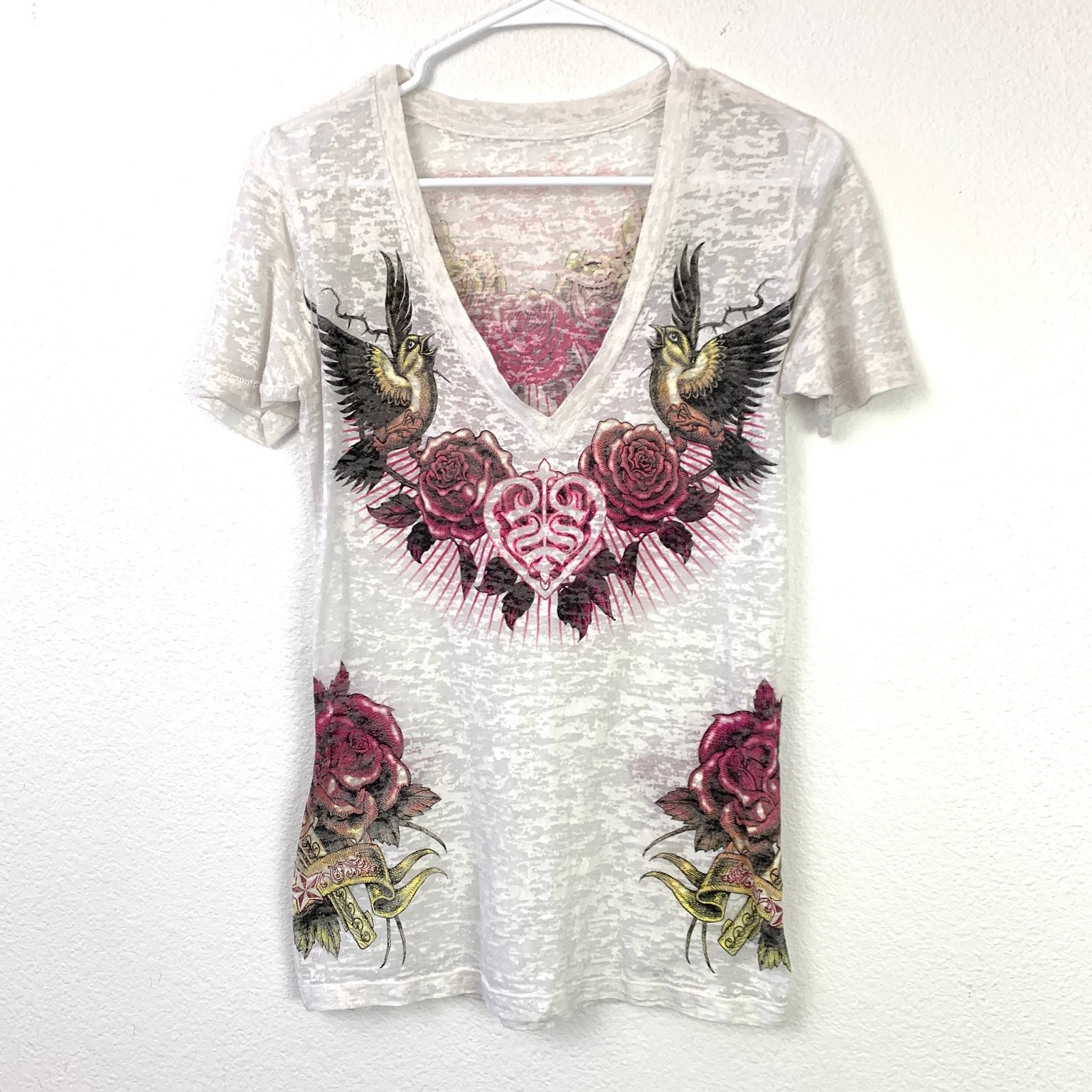 Sinful Affliction Women’s T-Shirt M Burnout Roses Birds Graphic Mall Goth