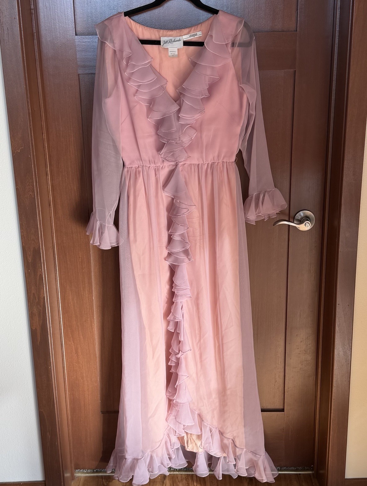 Vtg 70s 80s Jill Richards I. Magnin Pink Chiffon Ruffle Dress Long Sleeve Formal