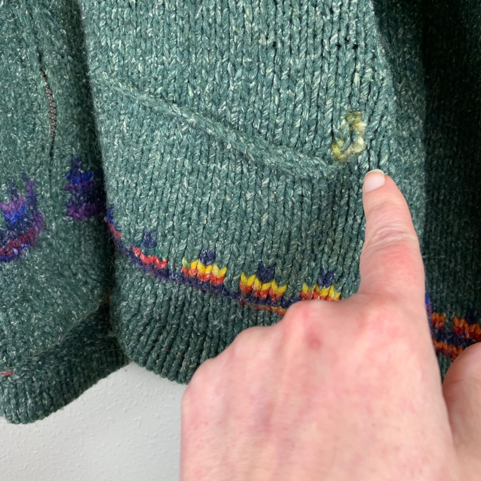 VTG 80s Inti Raymi Artisans Andean Wool Knit Jacket Green L Boho Folk Handmade