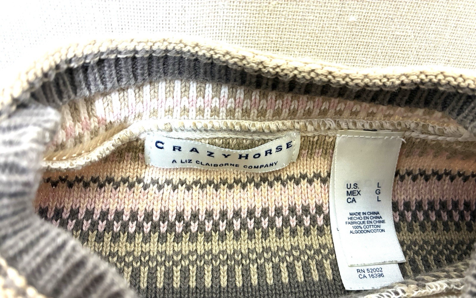 Crazy Horse Liz Claiborne Sweater Womens L Striped Knit Crewneck Brown Pink