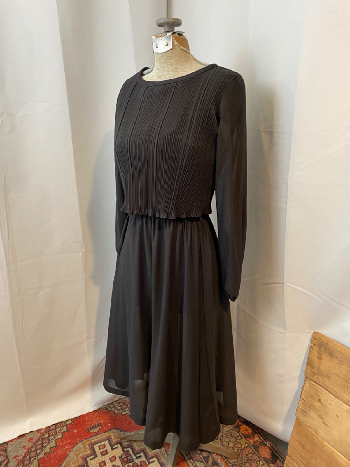 1970s Vintage Sheer Black Dress Pleated Lettuce Ruffle Hem Puff Sleeves M
