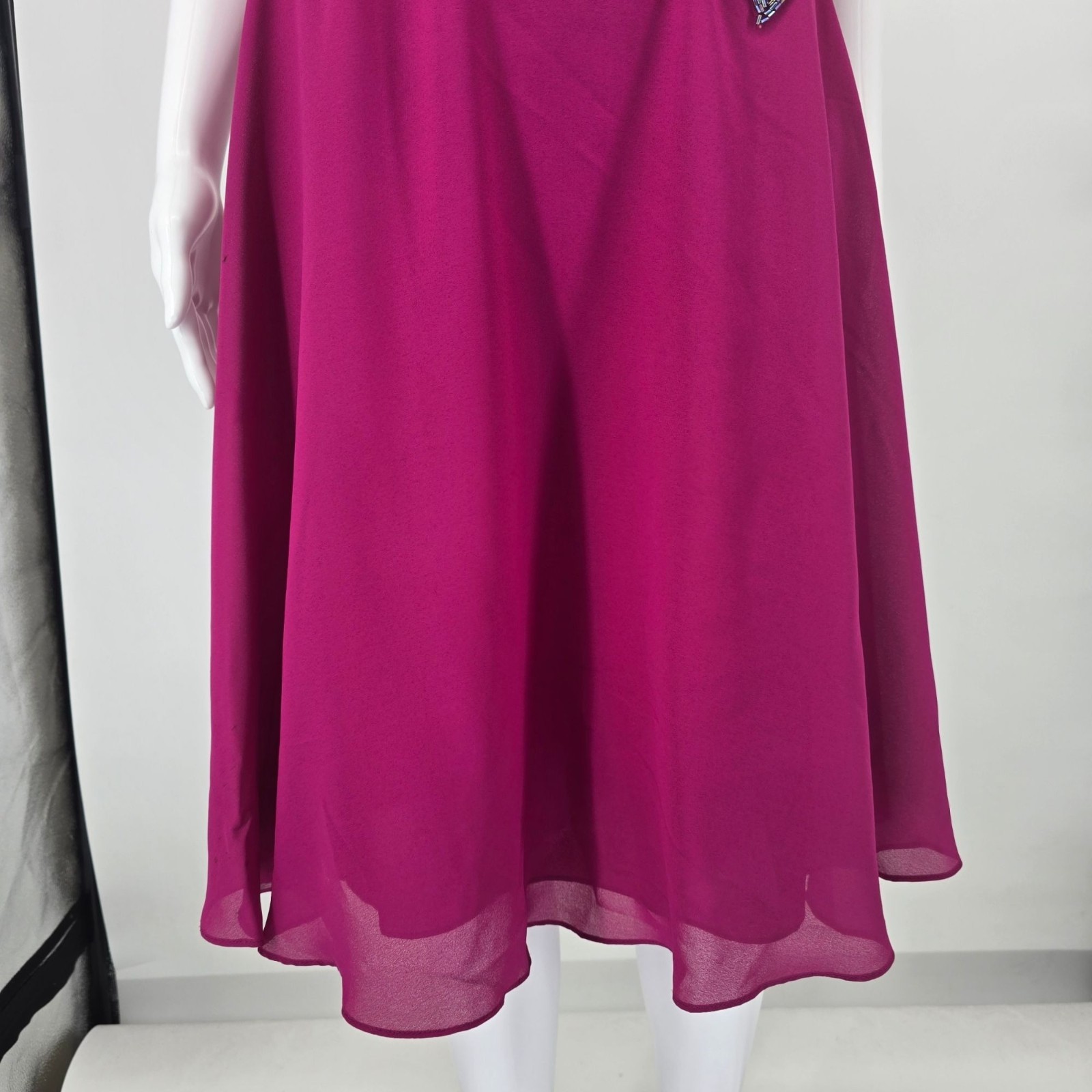 Vintage 1980s Denise Fashions Magenta Chiffon Bugle-Bead Applique Dress (S)