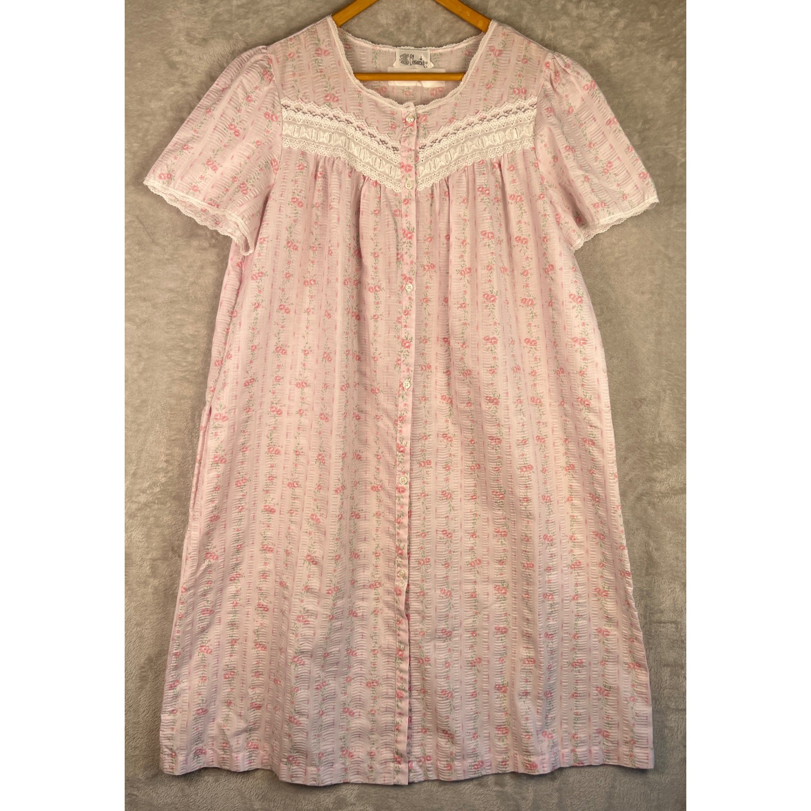 Vintage Character Nightgown Robe Set Medium Pink Floral Lace Grandma Cottagecore