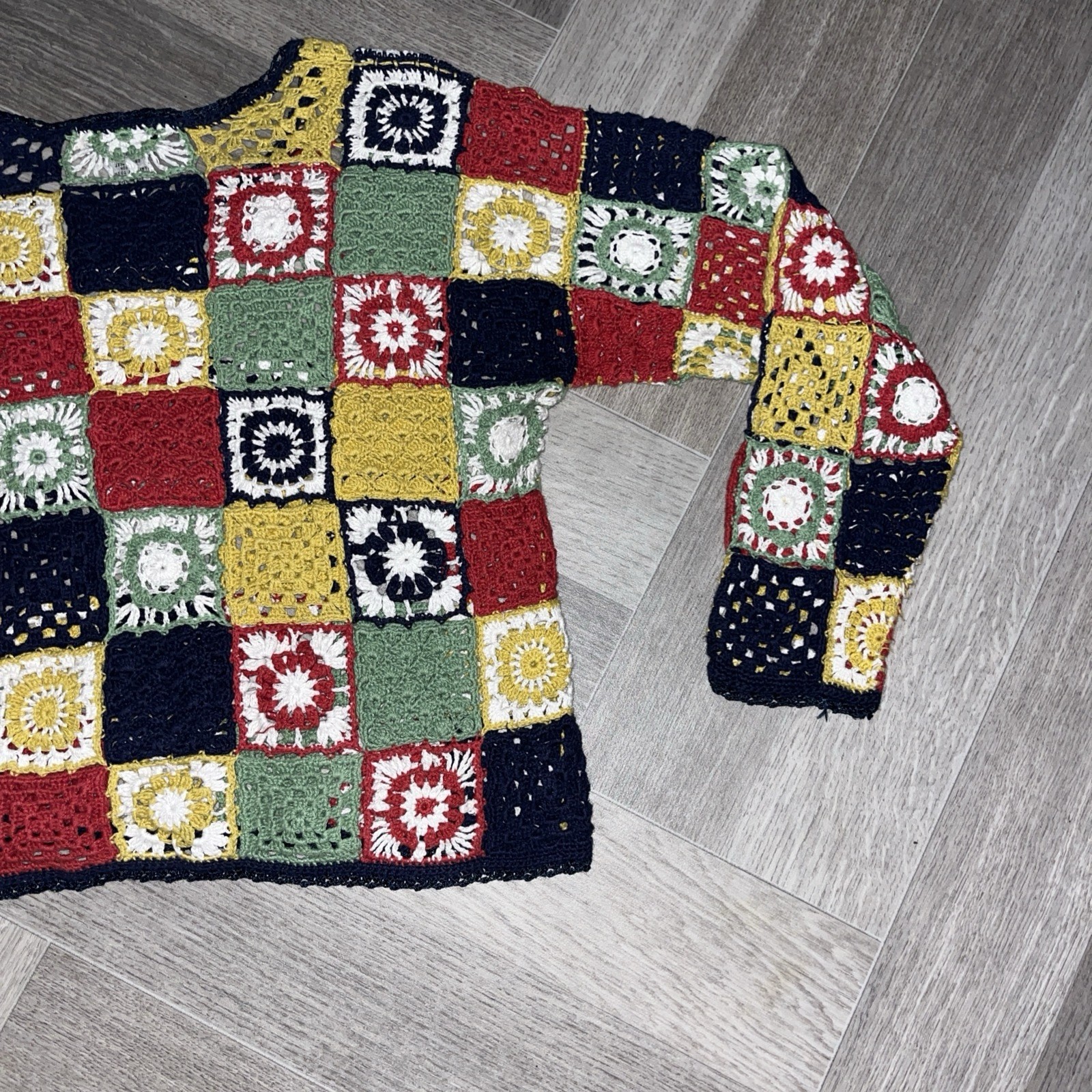 Papillon Los Angeles Crochet Granny Square Long Sleeve Top Vintage Multi Sz Med