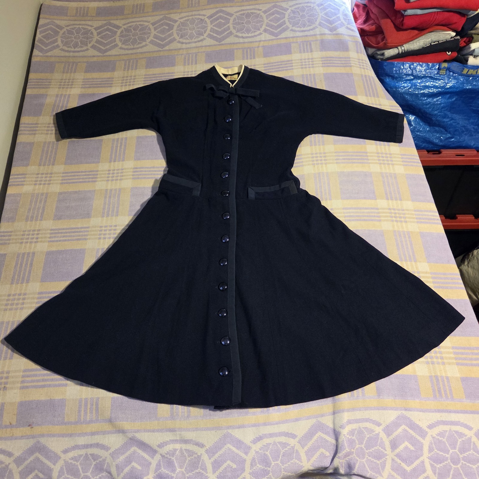 Vintage 1940s Black Dress 40s R & K Originals WW2 Era Mod Rare Style Button 50s