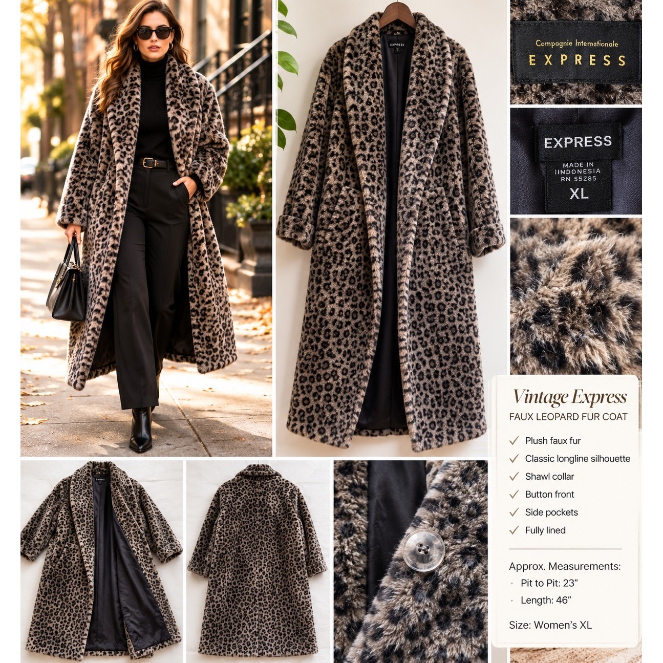 Vintage Express Faux Leopard Fur Coat Womens XL Long Plush Animal Print Jacket