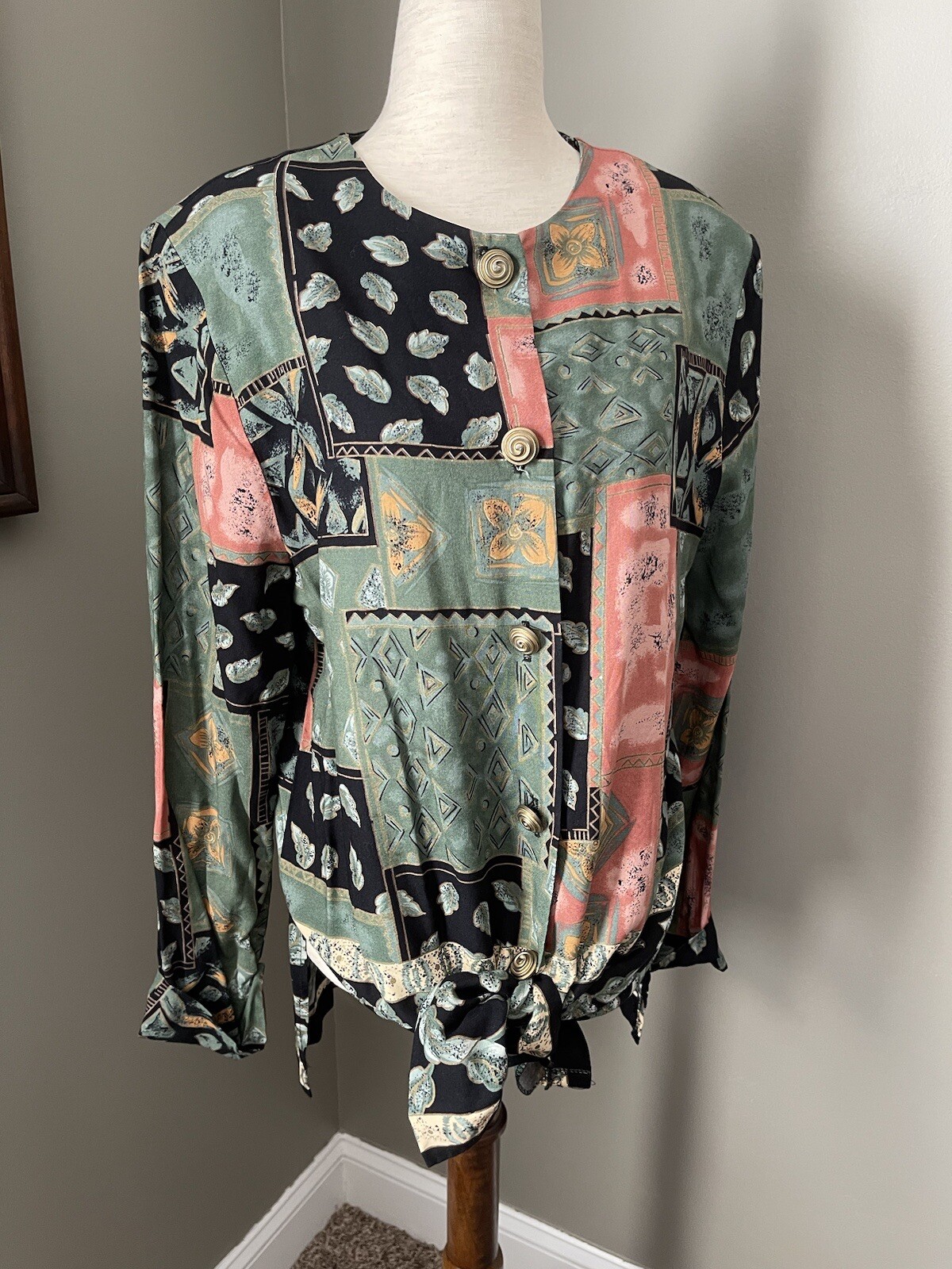 Vintage 80s 90s Shoulder Pad Patchwork Style Button Up Top Gold Spiral Buttons