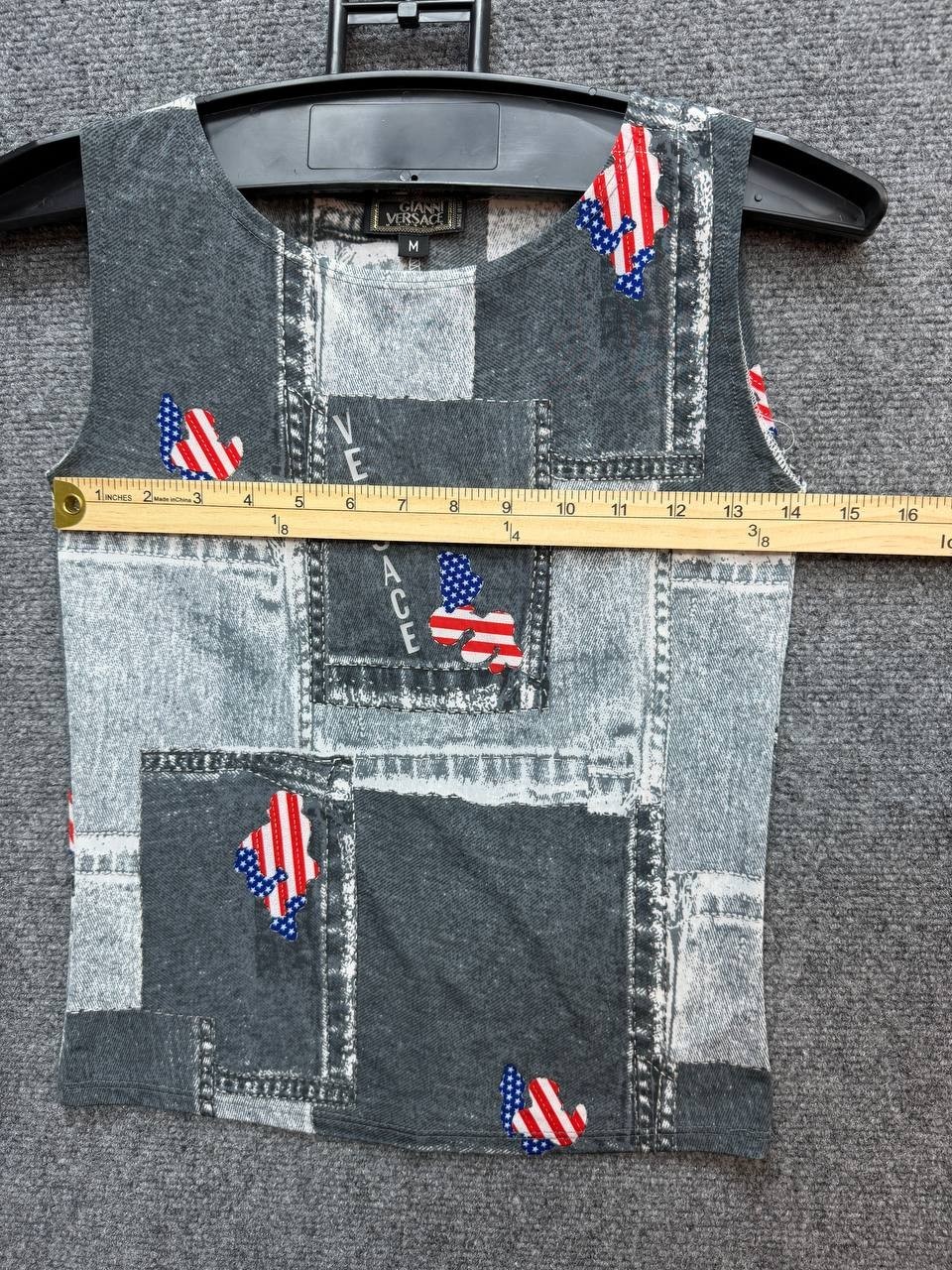 Gianni Versace Women’s Tank Top Size M Gray Patchwork USA Flag Print