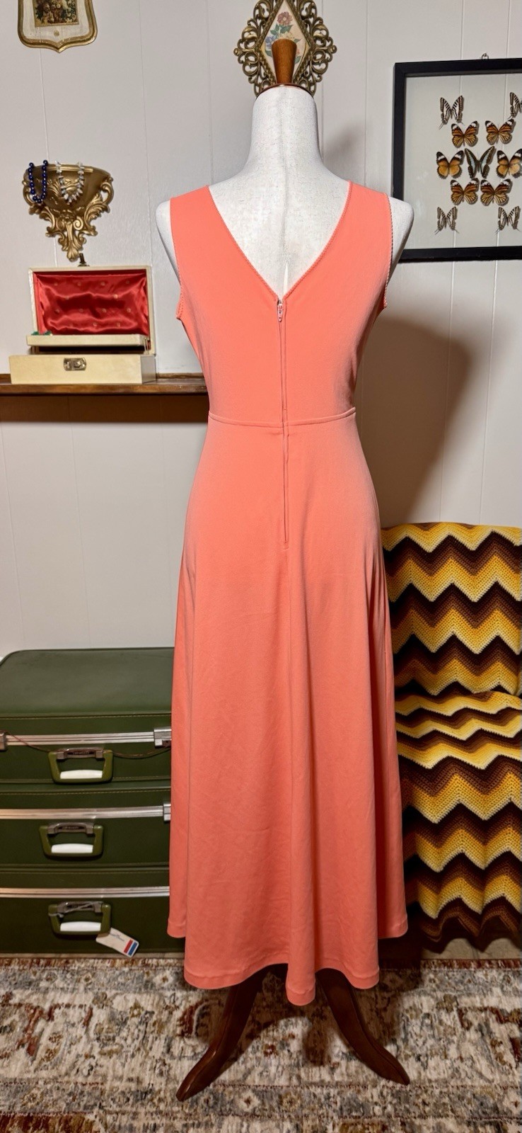 Vintage 70s Coral Empire Waist Maxi Dress Sleeveless Disco Boho Womens S M