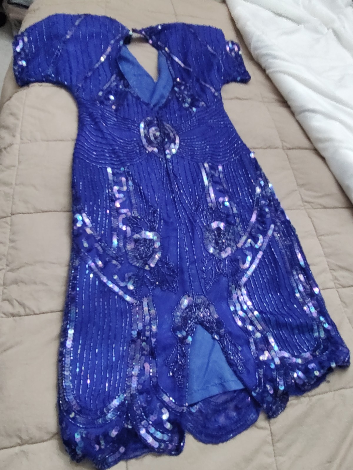 Vintage Beaded Cobalt Dance Wedding Party Dress 80’s Classic Sequin Studded