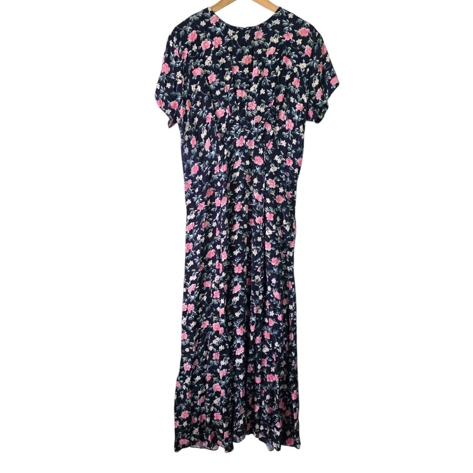 *Flawed* 80s Vintage Cottagecore Navy Pink Floral Rayon Maxi Dress ED Michaels
