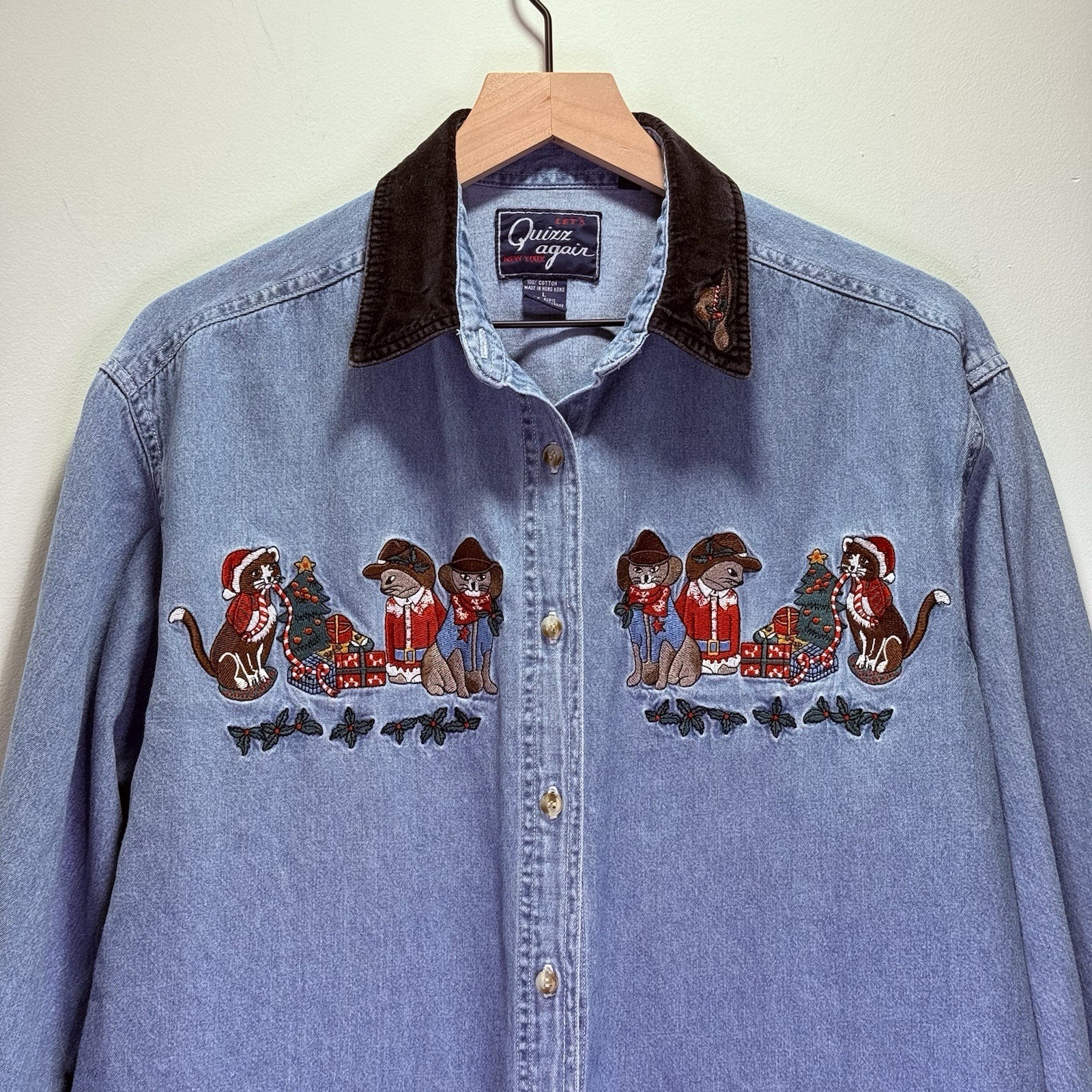 90s Let’s Quiz Again Ugly Christmas Denim Shirt Western Cowboy Cats L Cat Lady