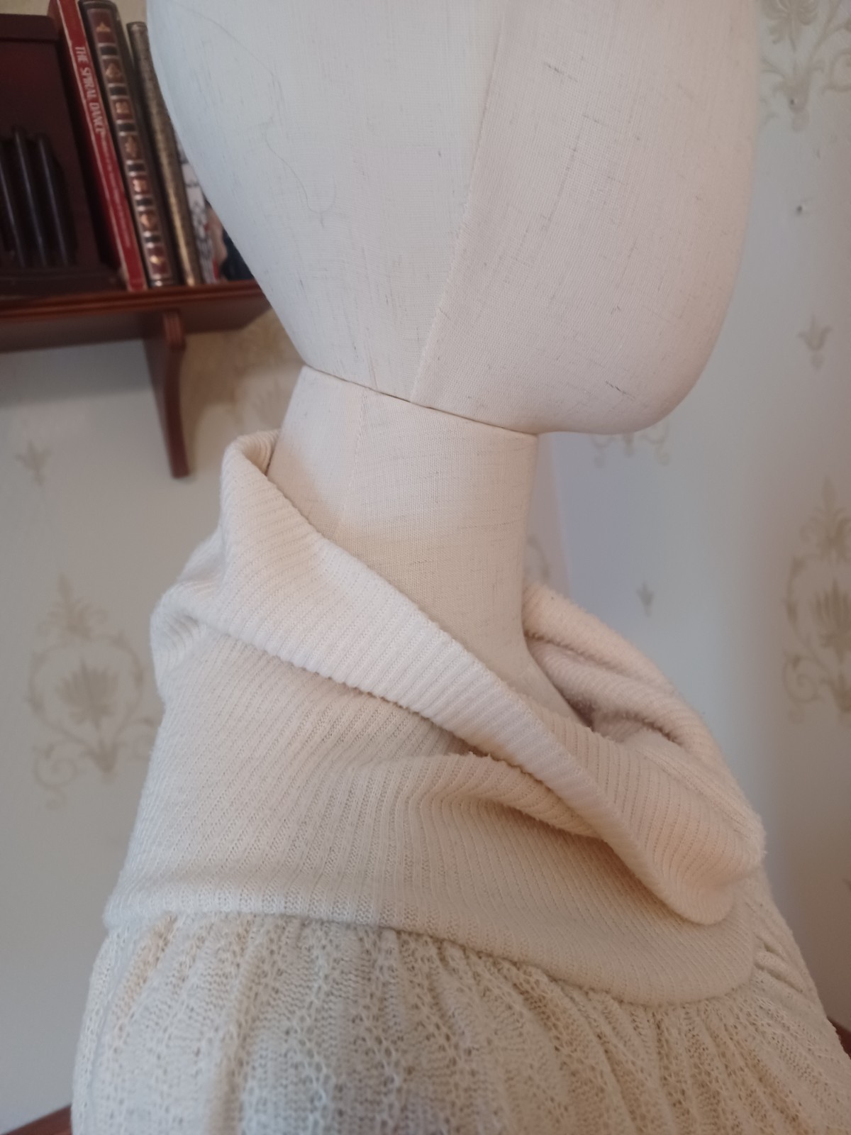 Vintage 1970s R. Michael Allen Ivory Boho Prairie Cowl Neck Knit Hostess Dress