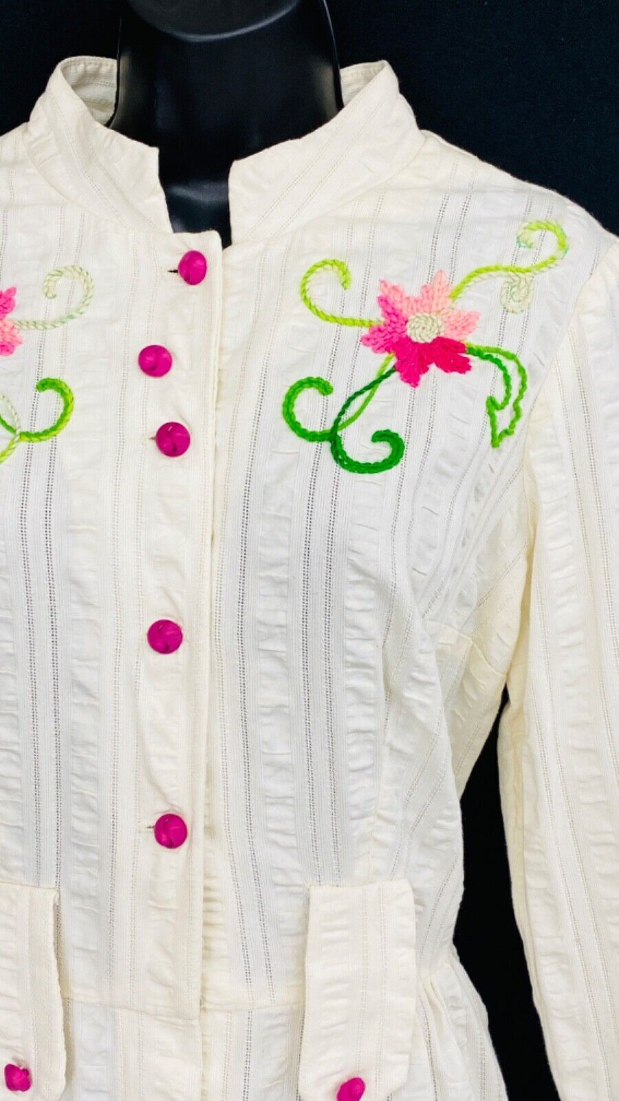 Vintage 1950s white embroidered dress long sleeve pink floral cotton pin-up M L