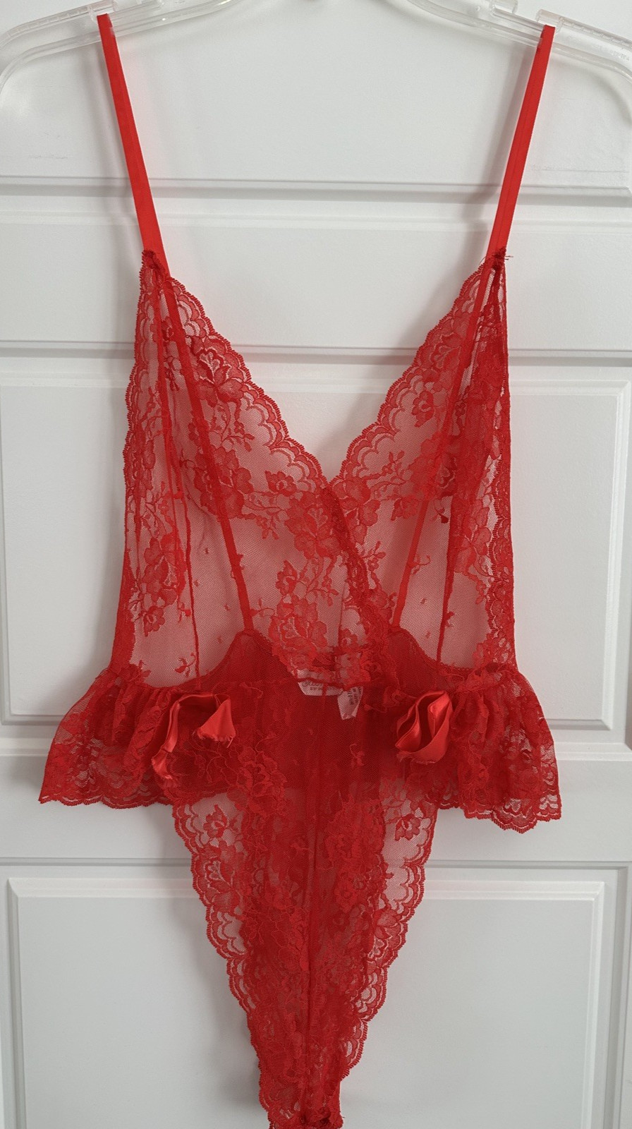 Vintage sexy lingerie sheer lace red teddy snap closure M bodysuit nylon