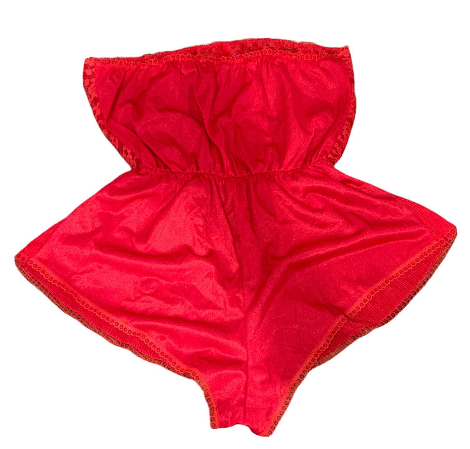Vtg Red Nylon Lace Pleat Strapless Romper Teddy Lingerie Negligee Sexy Sz L USA