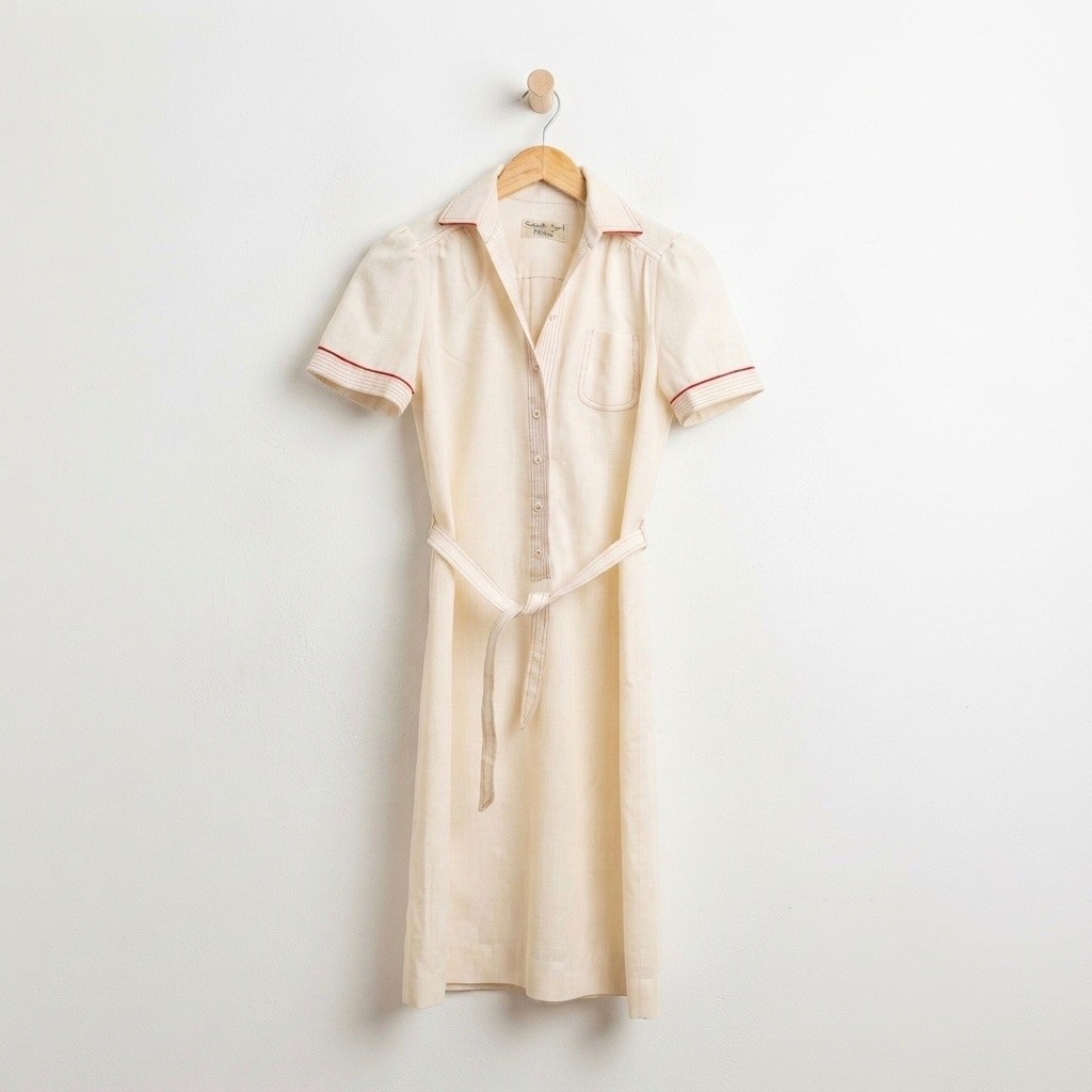Schrader Sport 70s Office Siren Minimalist Neutral Belted Shirt Dress 70s Ivory