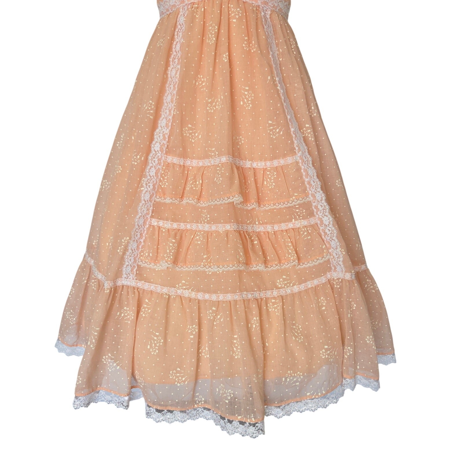 Candi Jones Vintage 70s Prairie Midi Dress Size S 9 Peach Pink Corset Lace Up
