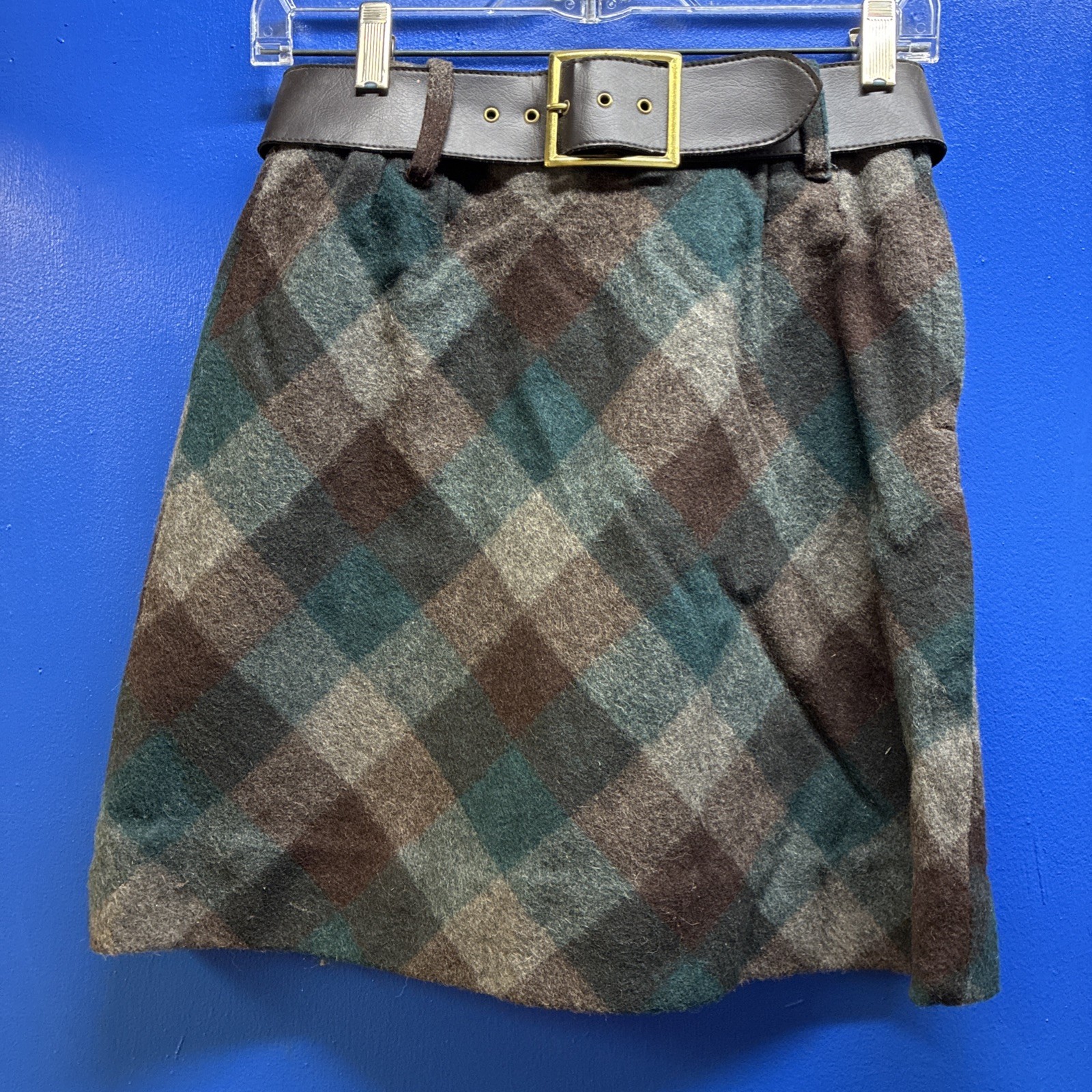 Vintage 1970s Women’s Brown and Blue Wool Plaid Skirt with Brown Belt