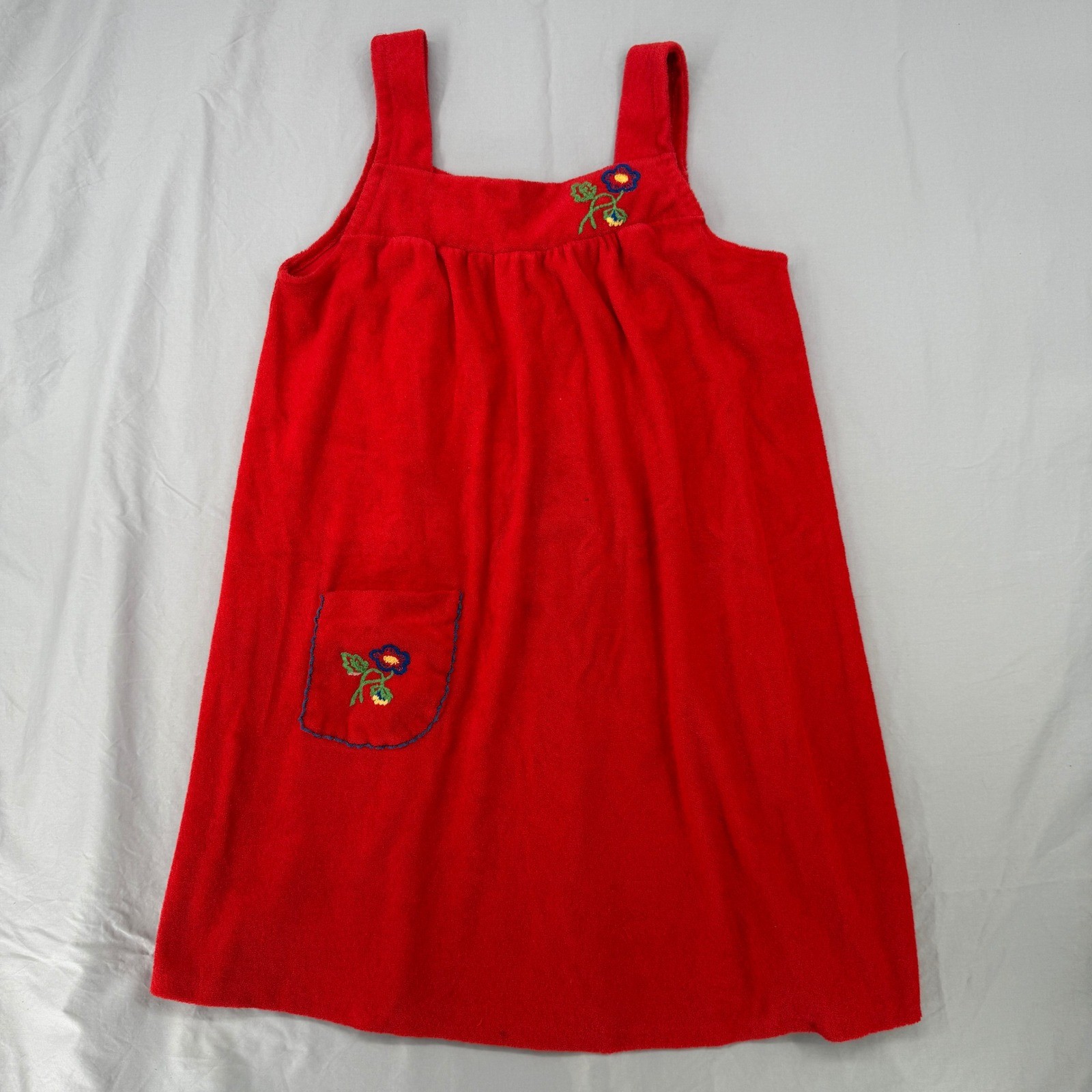 Vintage Shadowline Red Terry Cloth Floral Embroidered House Dress Coverup Medium