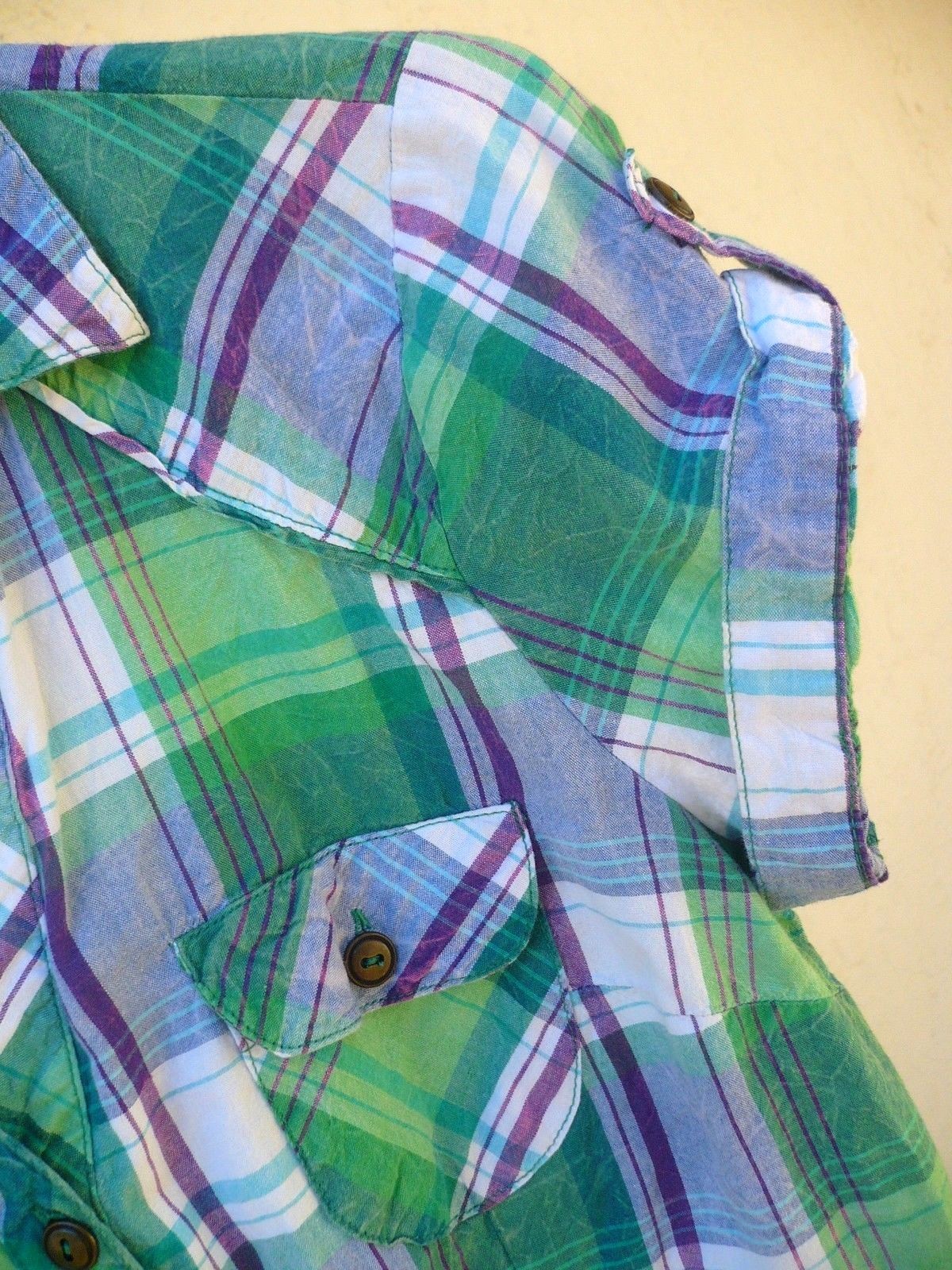 ST PATRICK’S DAY GREEN PURPLE BUTTON DOWN CUFFED SS SHIRT S WOMEN R M JR BLOUSE