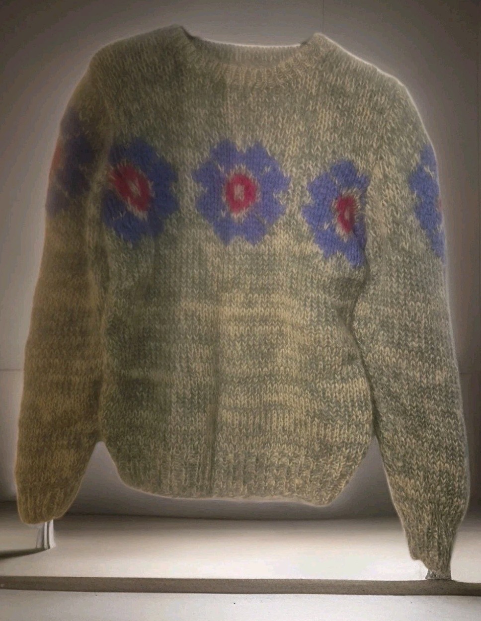 Hand Knit Wool Alpaca Floral Sweater Moss Green M