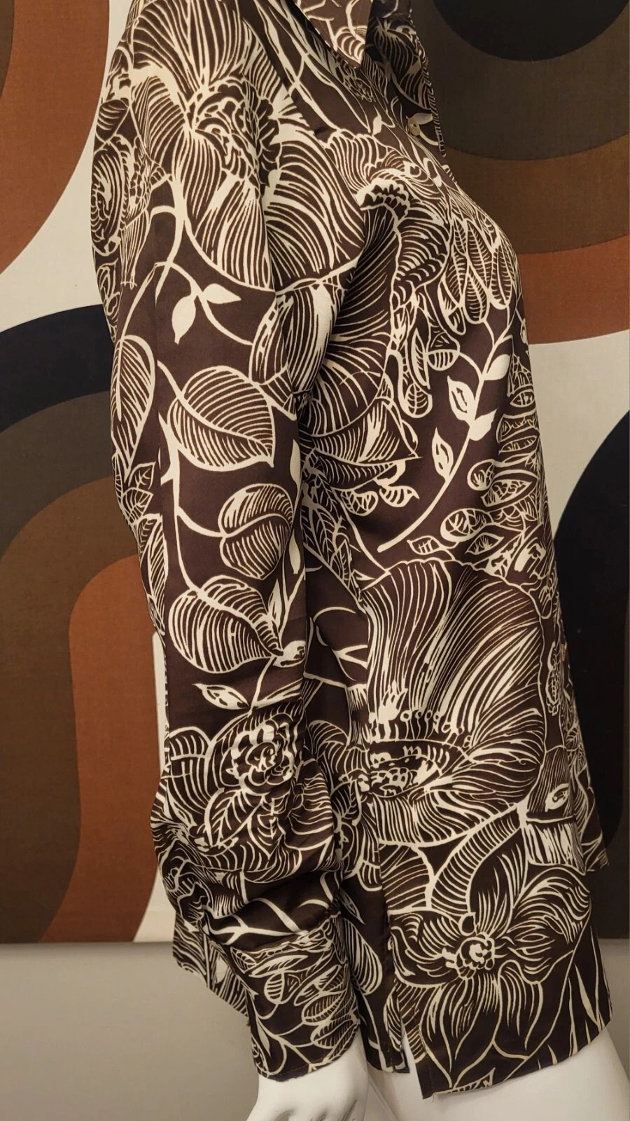 1970’s Women’s Plant Floral Print Polyester Disco Shirt Dagger Collar M