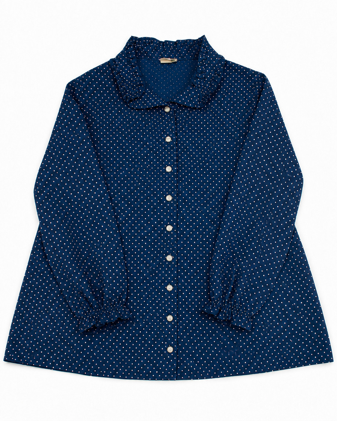Vintage 1970s Sears Navy Blue Polka Dot Ruffle Collar Button Front Blouse Sz M
