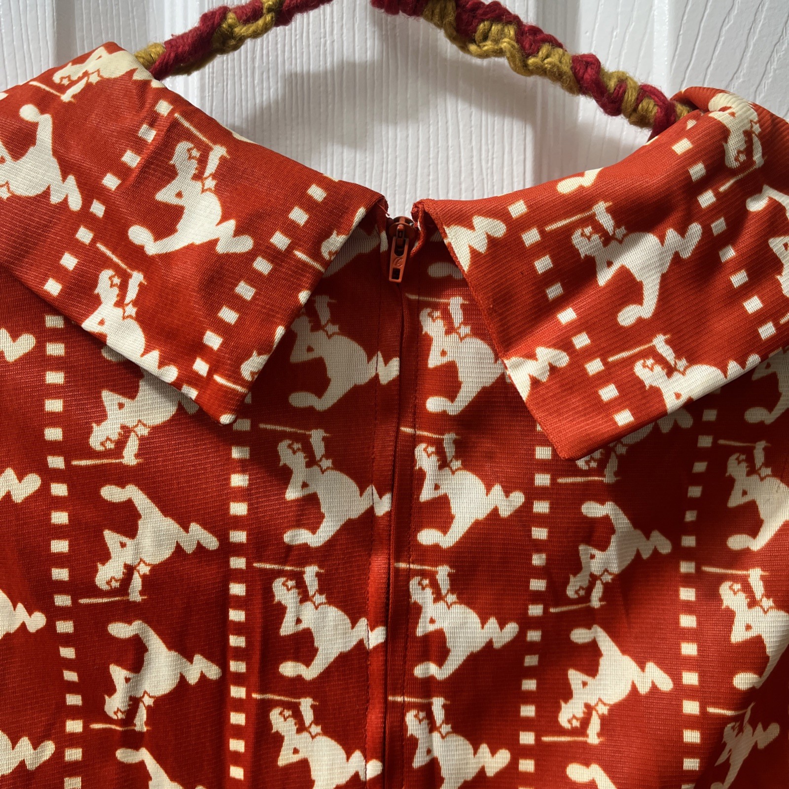 Vintage 1970s Police Novelty Print Dress Orange/Red White Cop Bobby Double Knit