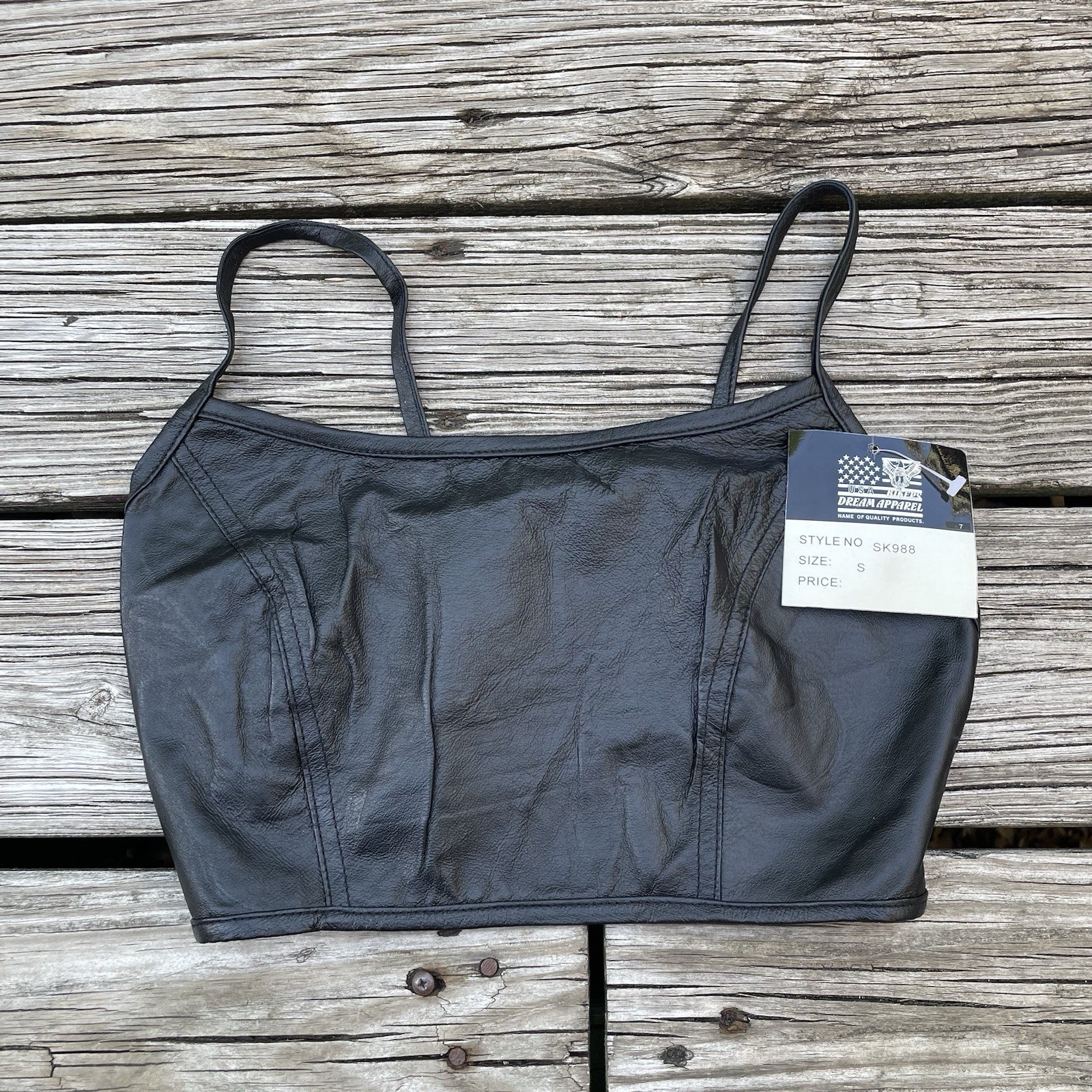 Vtg Leather Biker’s Dream Apparel Crop Vest Tank Top Bra Glam Rock Shirt S