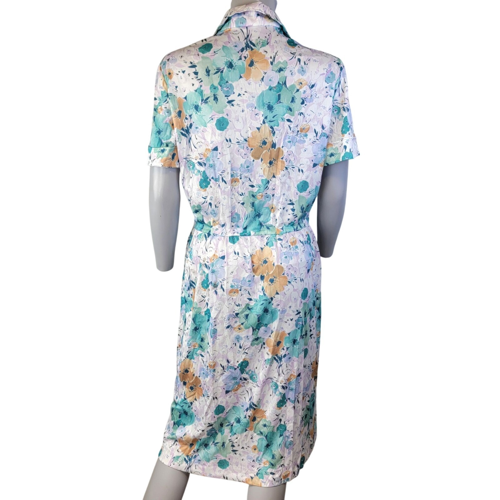 Vintage 70s Nylon Midi Shirt Dress Women Large 12 14 Blue Floral Collar Spring L