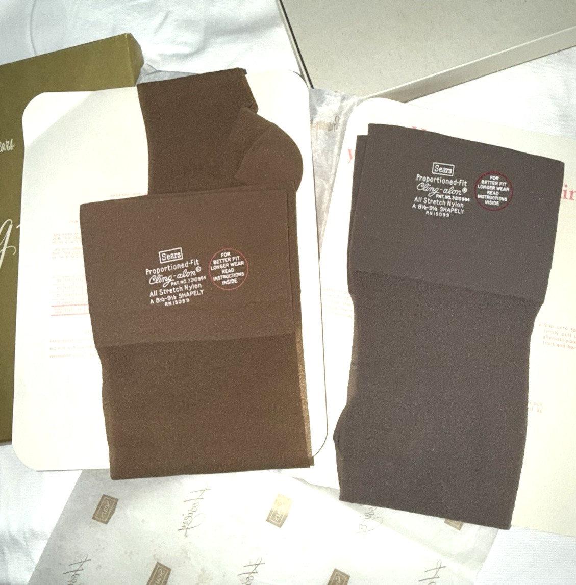 2 Vtg Stockings in Box Sears CLING-ALON Thigh Hi 60s Hosiery Smoke Tan A 8.5 9.5