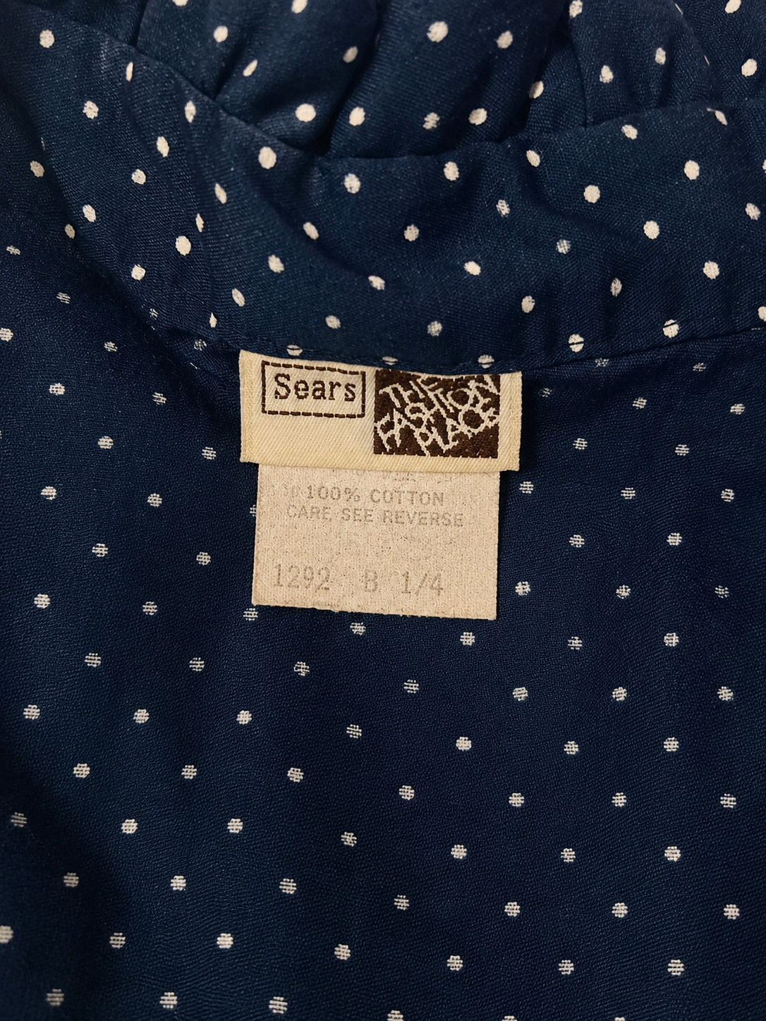 Vintage 1970s Sears Navy Blue Polka Dot Ruffle Collar Button Front Blouse Sz M
