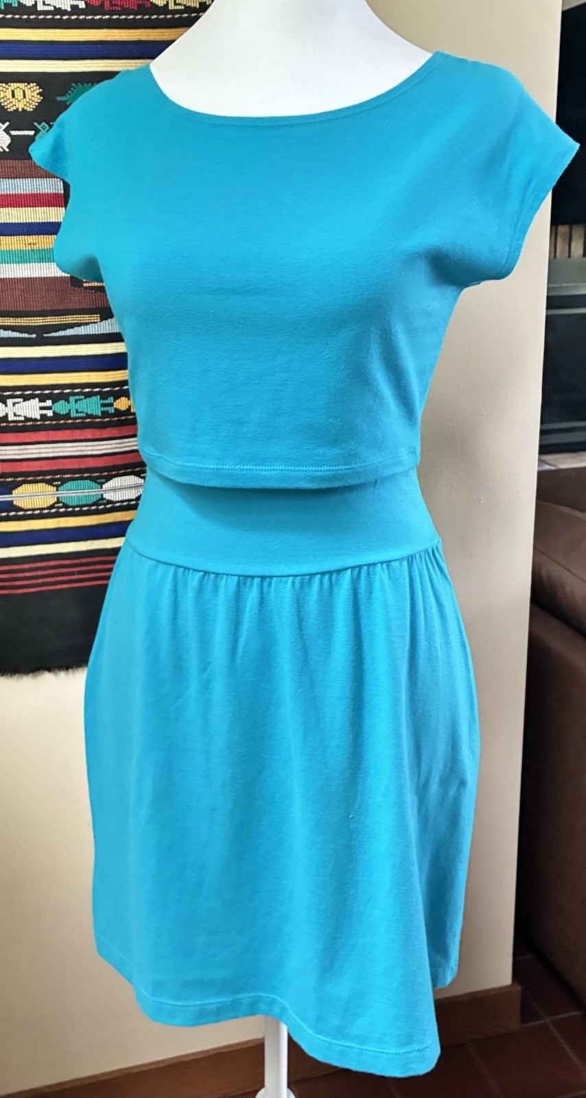 Vintage 80s 90s Turquoise Spandex Two-Piece Set Cap Sleeve Crop Top Pencil Skirt