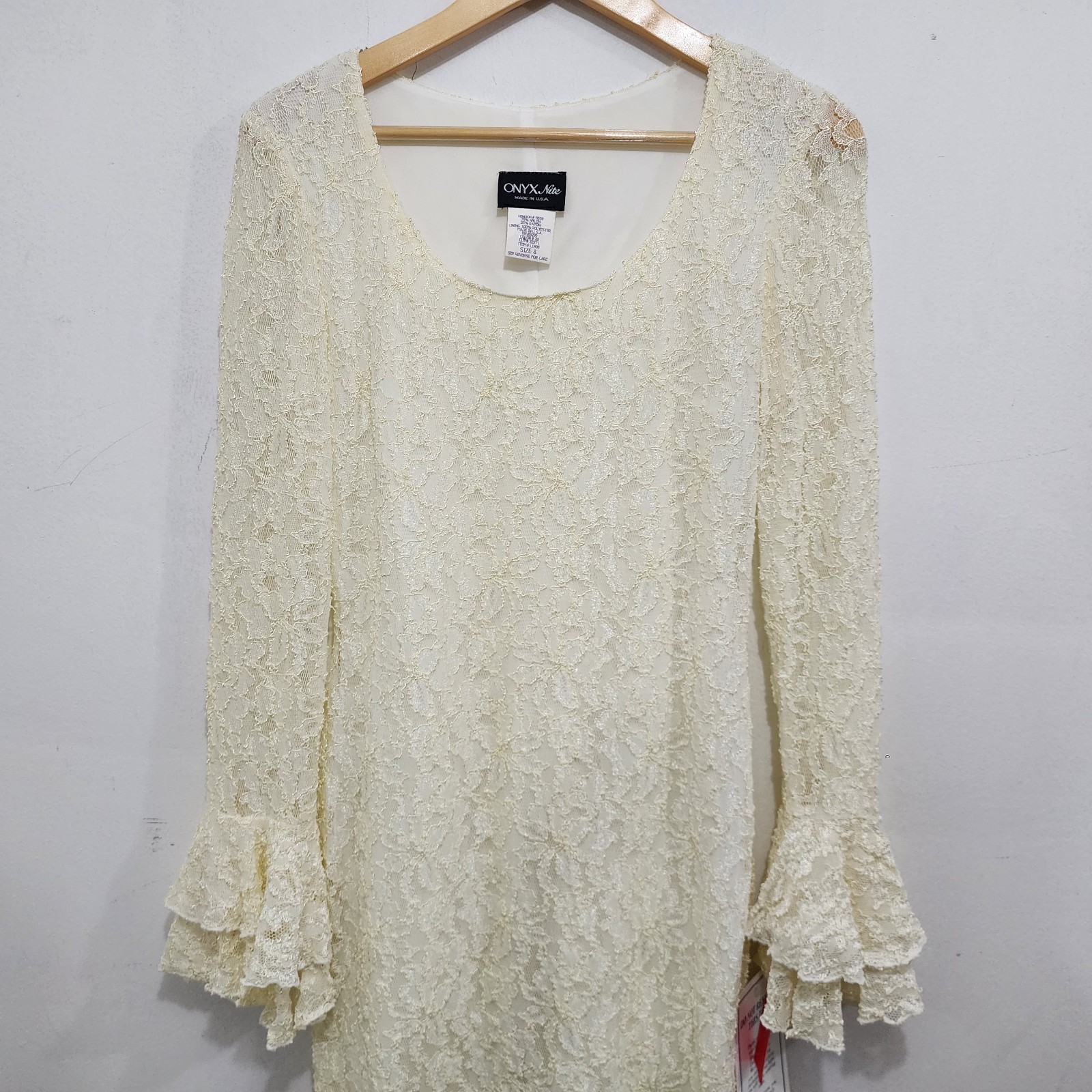 Onyx Nite 90s Vintage Cream Lace Bell Sleeve Mini Dress NEW Womens Sz 8 Stretch