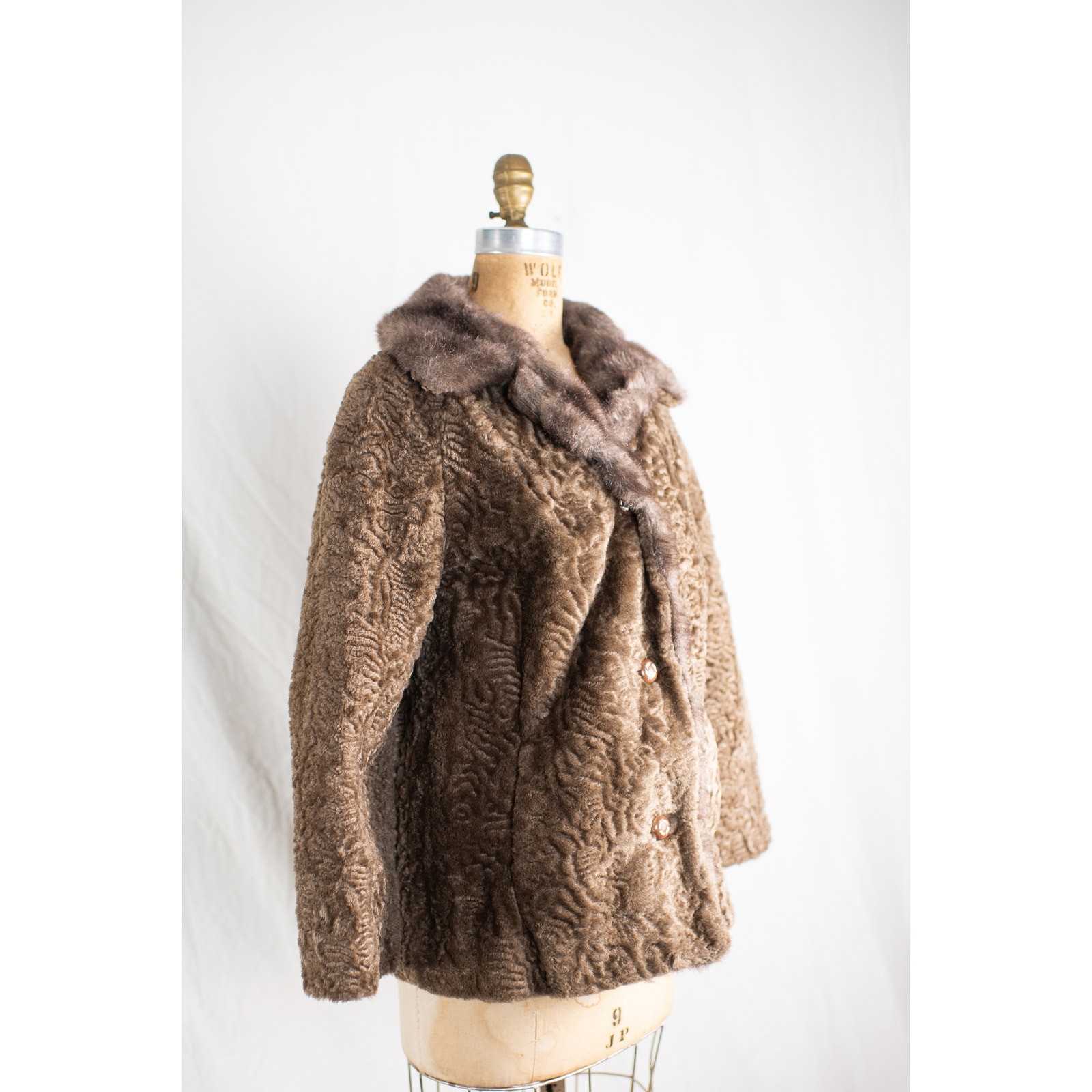 Vintage 1960s Brown Faux Curly Lamb Fur Swing Coat, Glam Old Money Jacket, S M