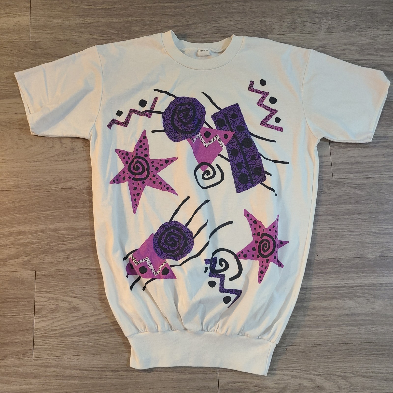 VTG 90s Geometric Abstract Womens White Tshirt Banded Waist Saved By The Bell OS