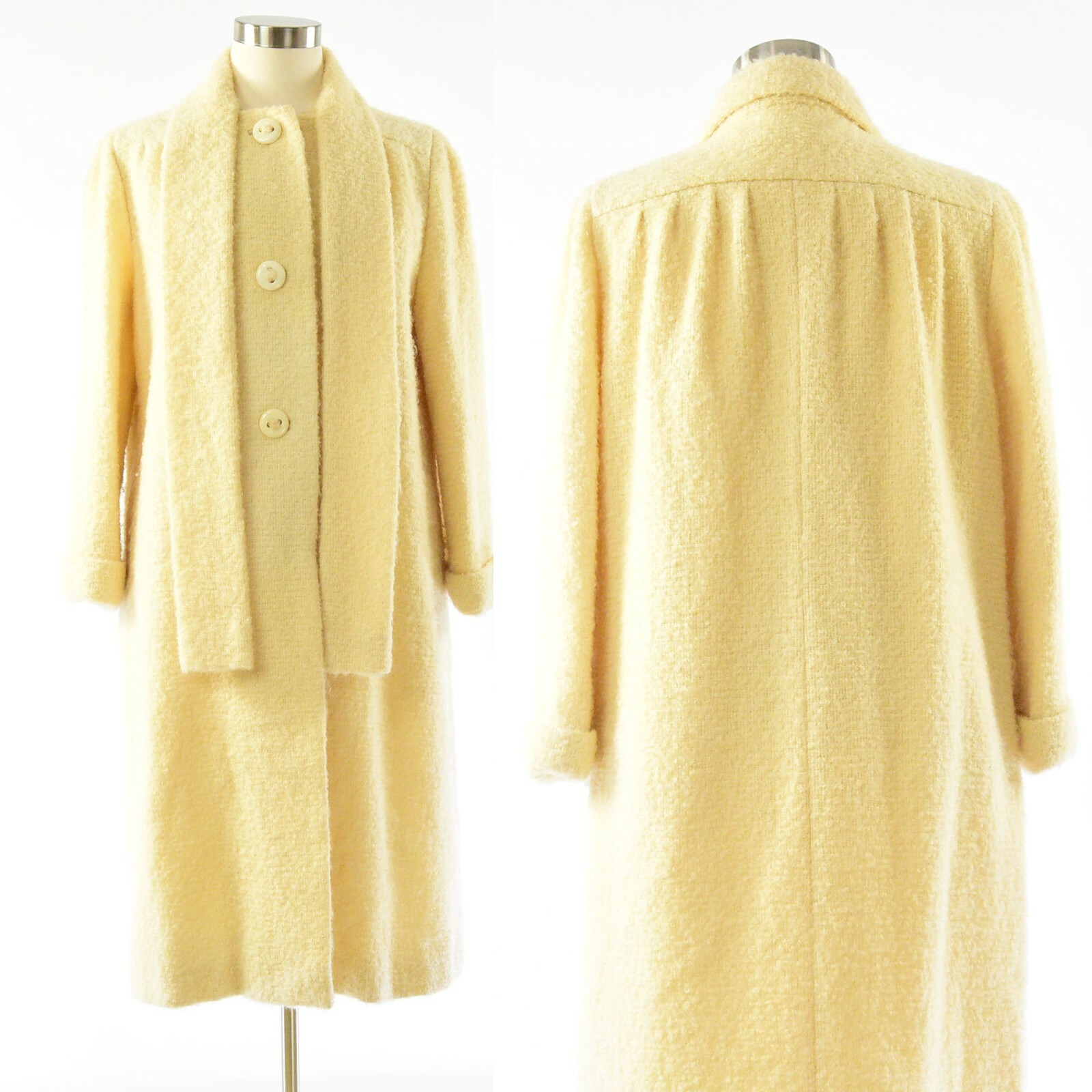 60s Vintage Ivory Boucle Knit A Trigere Coat Womens Size 16 Long Coat EUC