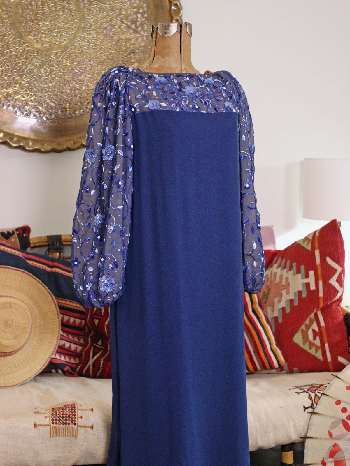 Richilene Vintage 80s Navy Blue Evening Dress Embroidered Beaded Ballon Sleeve