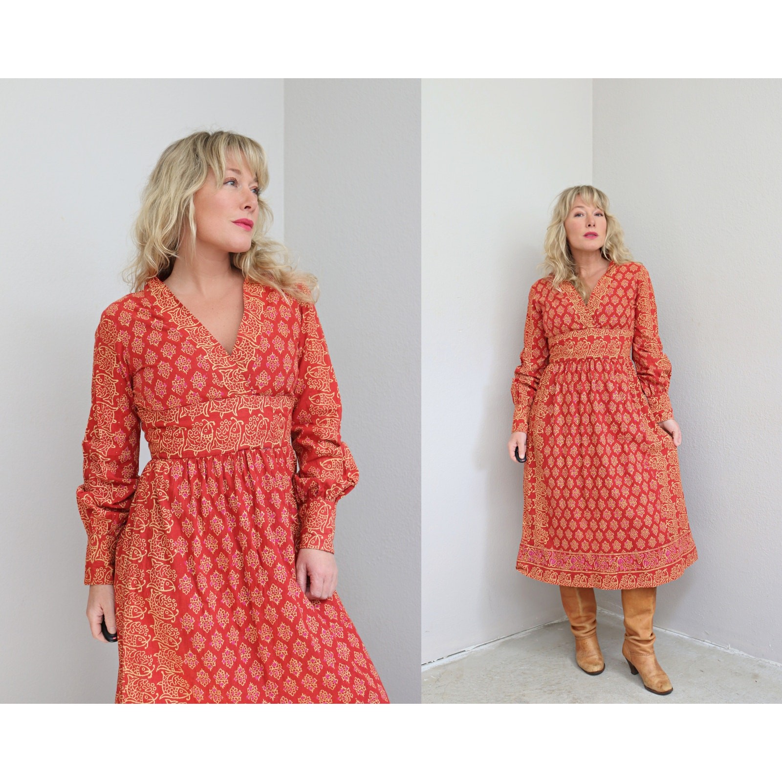 1970’s Vintage Indian Imported Batik Cotton Block Print Dress ~ Women’s XS SM