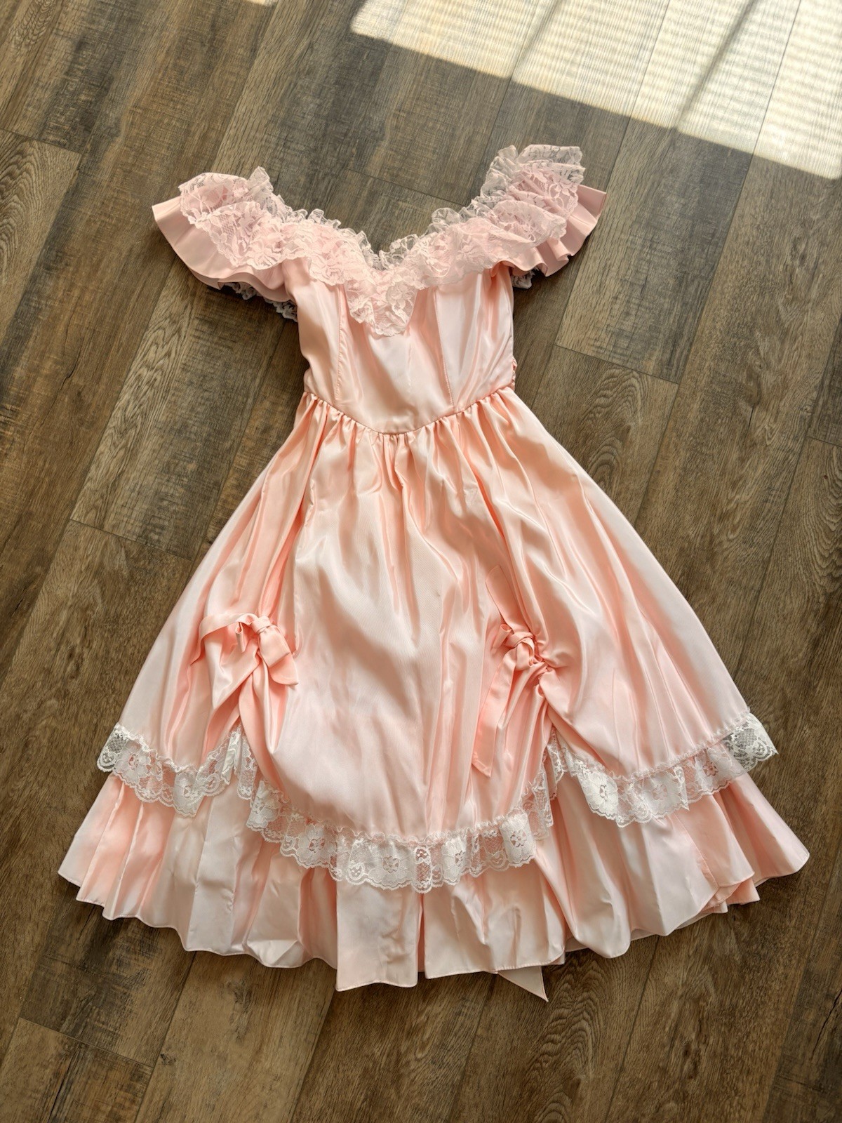 VTG 80s Roberta California Pink Satin Lace Cottagecore Dress Prairie Princess