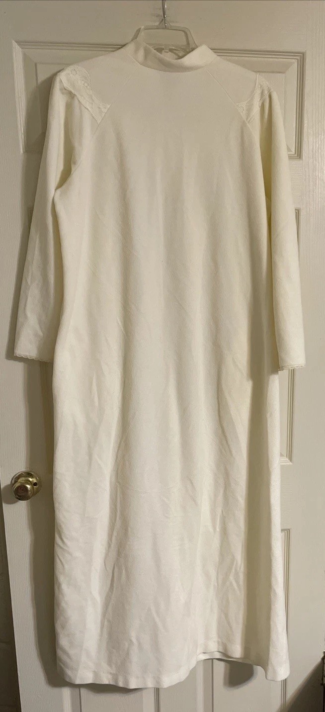 Vintage Vassarette Maxi House Coat Zipper Robe Fleece Lace Ivory M