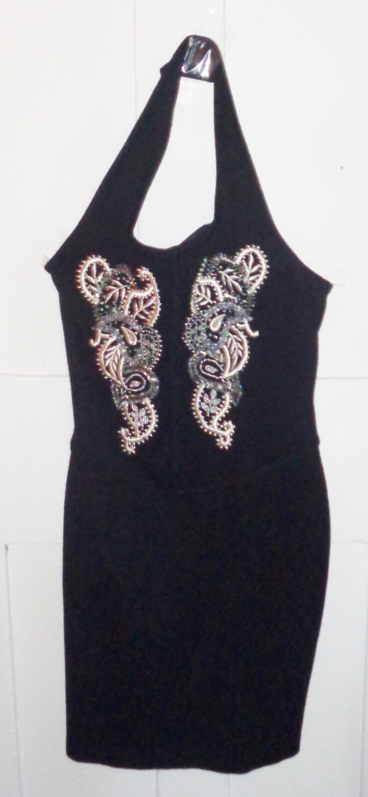 Vintage Theo Miles Black Gold Silver Embroidered Beaded Halter Dress Medium