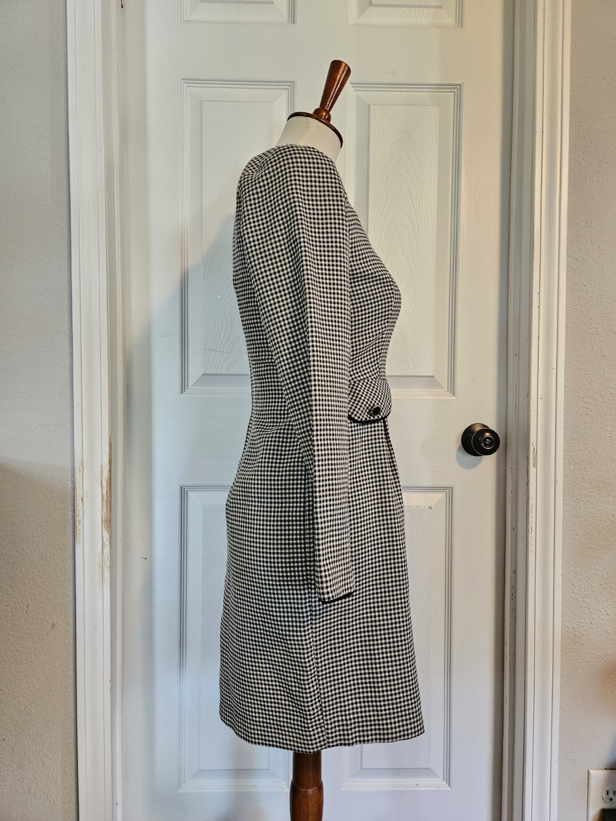 Vintage 90s Black White Houndstooth Long Sleeve Dress Size 4/6 Petite