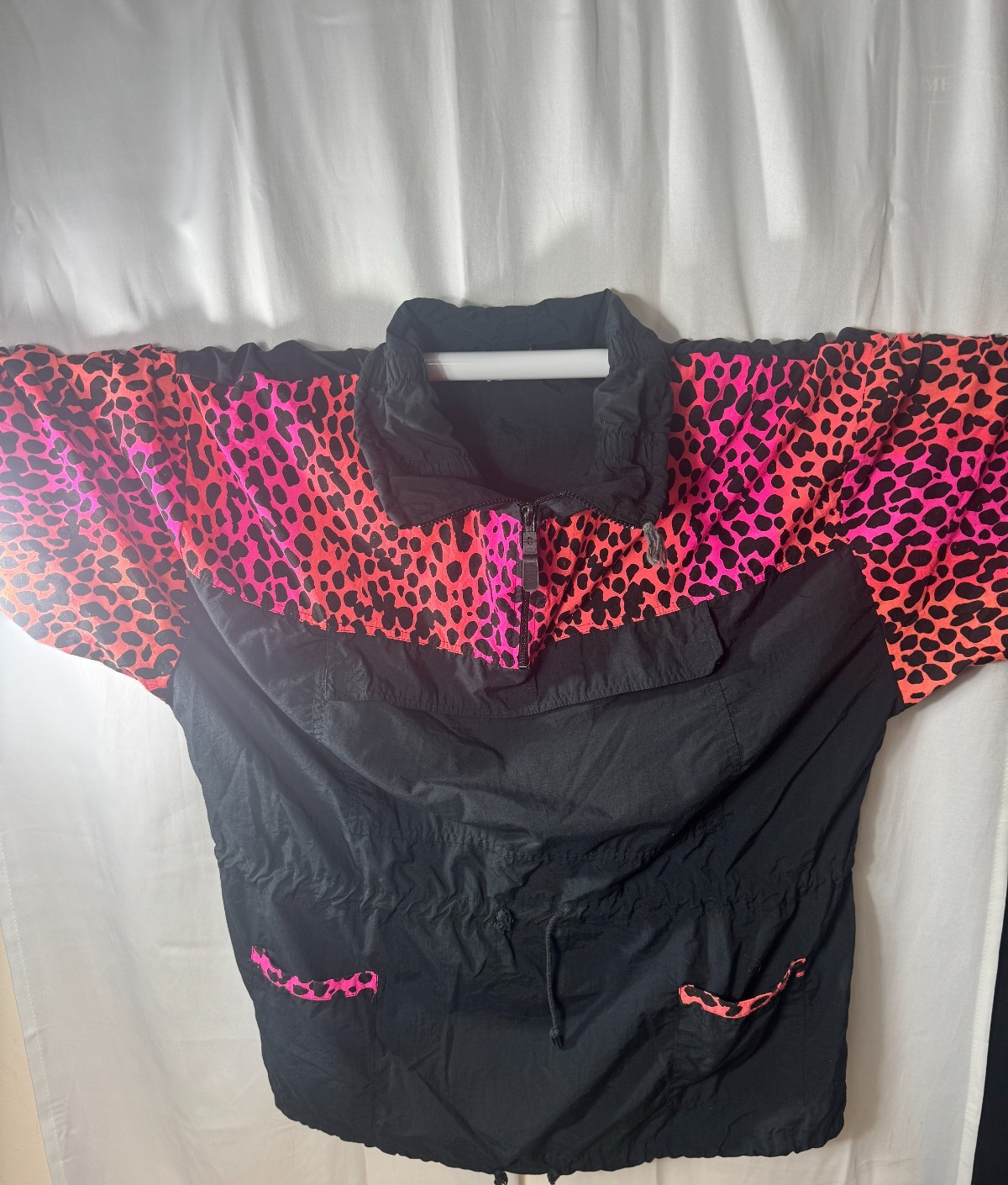 VTG ‘90’s SHELL SHOCK Black/ Neon Pink & Orange Leopard Print Windbreaker Sz L