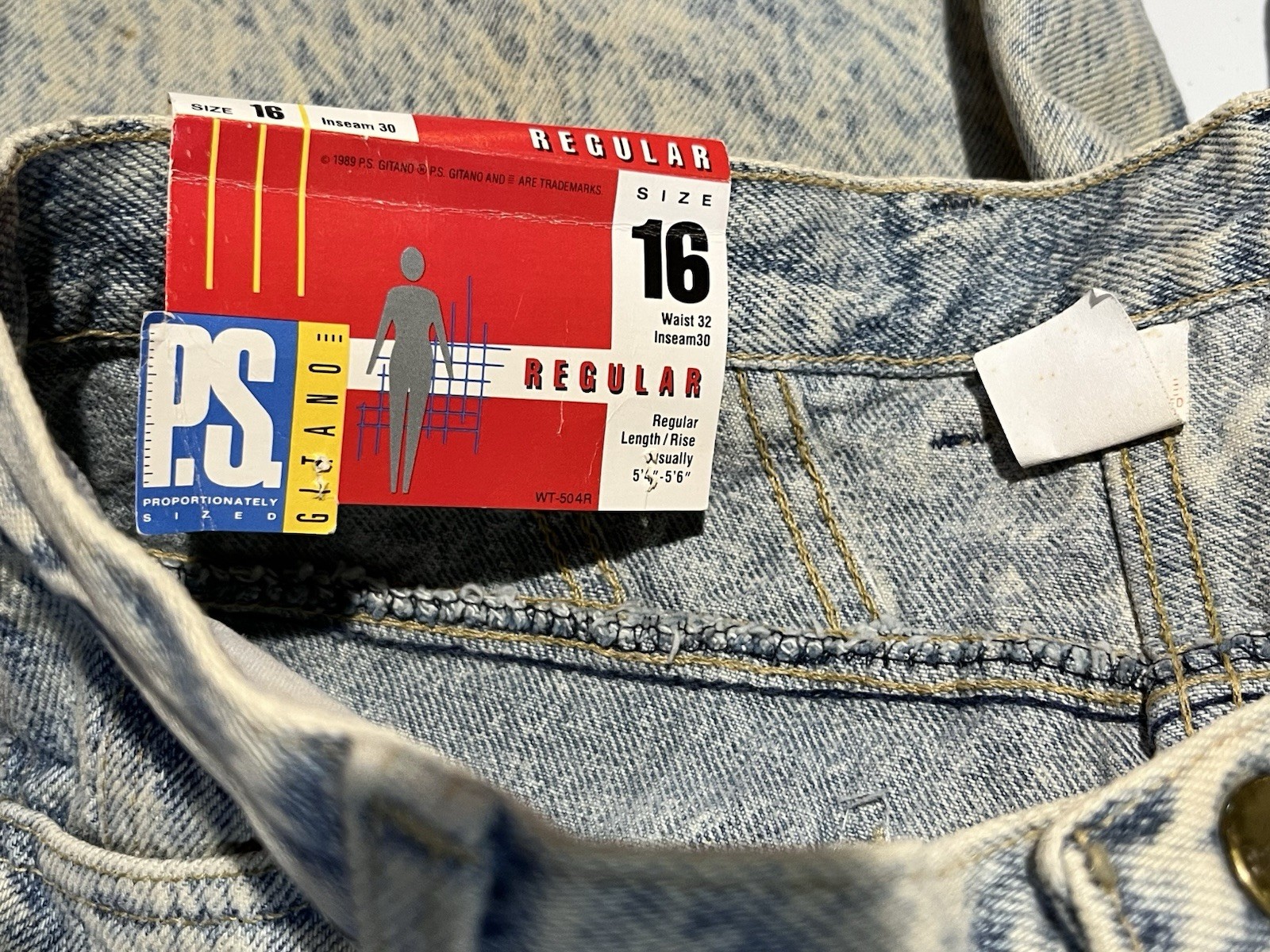 NEW VINTAGE 1989 PS Gitano ACID WASHED Women 16 32×30 Denim Blue Jeans USA MADE