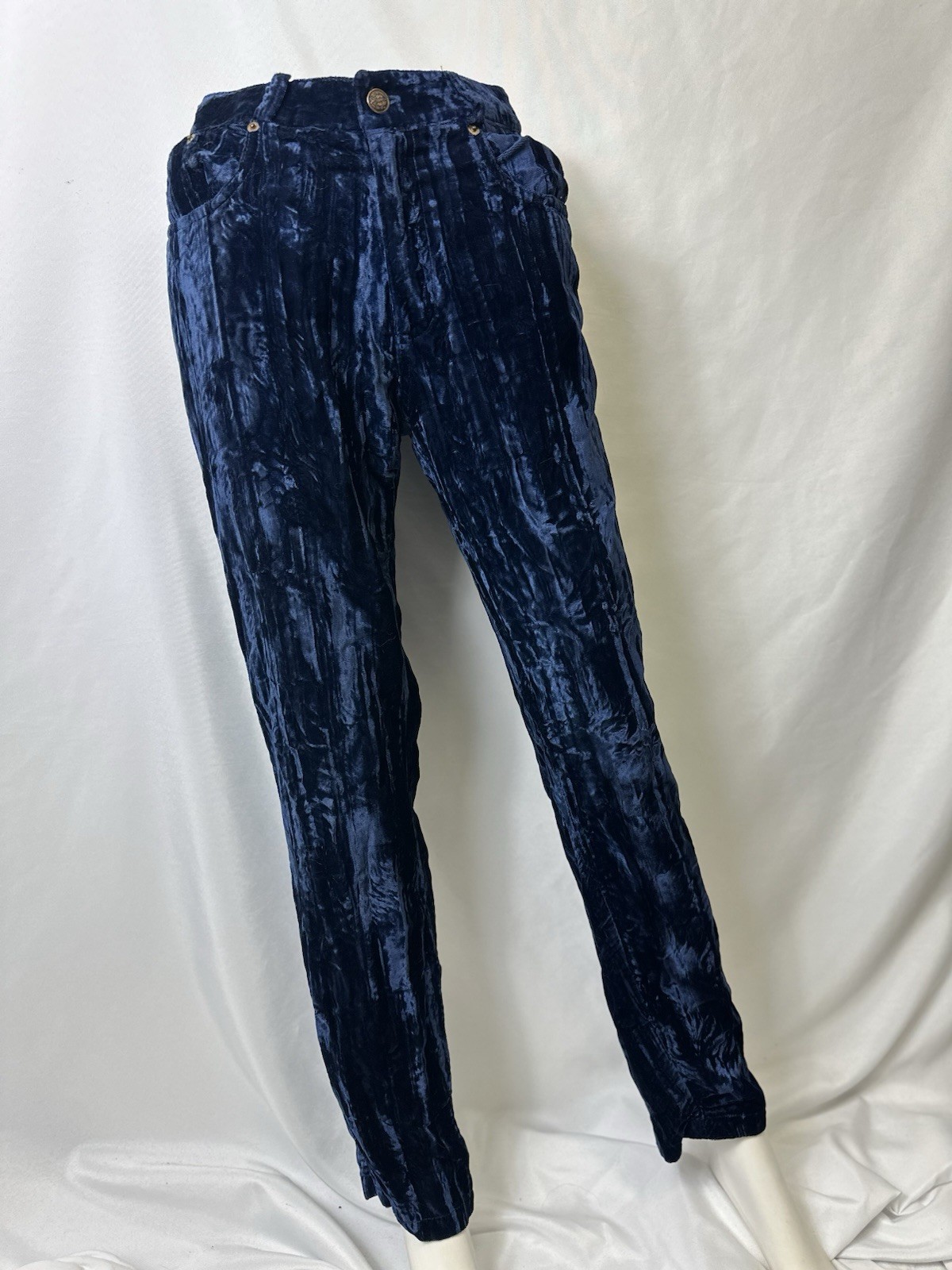 Vintage Moda Int’l Women’s Sz 4 Crushed Velvet Hi-Rise Straight Leg Pants Blue
