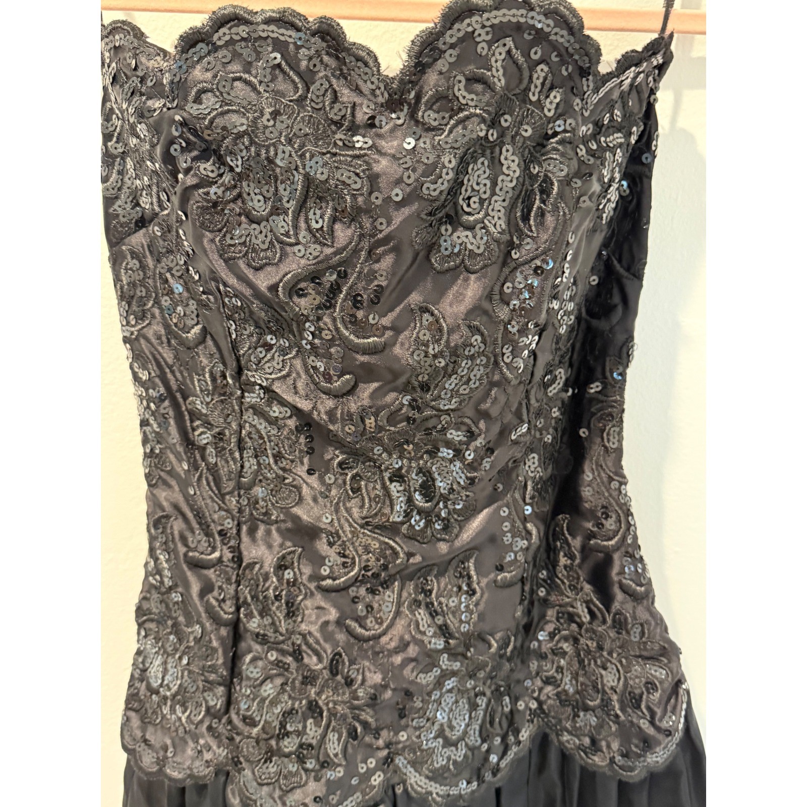 Vintage 80s Gunne Sax Jessica McClintock Black Sequin Lace Strapless Bow Dress
